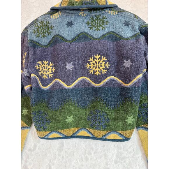 VTG Flashback Art to Wear Tapestry Jacket Purple Blue Snowflake Winter Stars Med - Picture 9 of 13